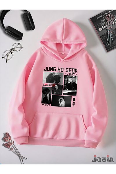 Jobia Outdoors Unisex 3 νήματα Basic Hooded Jung Ho Seok Bts Φούτερ με στάμπα ροζ ζαχαρωτό φλις