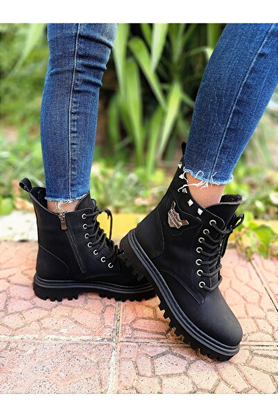 EPTC Kadın Önden Bağcıklı Yandan Fermuarı Lastikli Siyah Nubuk Bot & Bootie Postal KışSonbahar