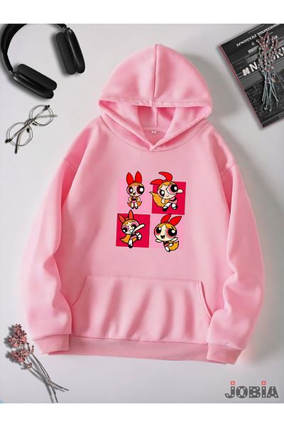 Jobia Outdoors Unisex 3 νήματα Basic Hoodie Power Puff Girls Blossam με στάμπα ροζ ζαχαρωτό φούτερ από φλις