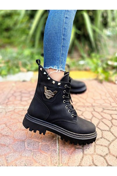EPTC Women's Front Lace Up Side Zipper Elastic Black Nubuck Boots & Bootie -Shoes- Winter-Autumn