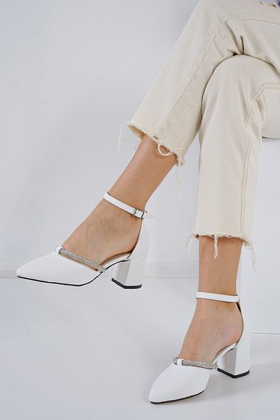 MELİKMERT Women's White Satin Fabric Stoned Belly Slit Ankle Strap Short Heeled Shoes 6cm