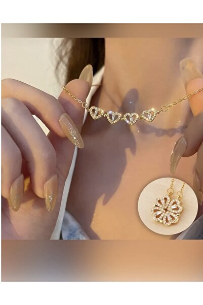 Pigna Aksesuar Çelik Zirkon Taşlı Çoklu Kalpli Açılır Kapanır Mıknatıslı Yonc...