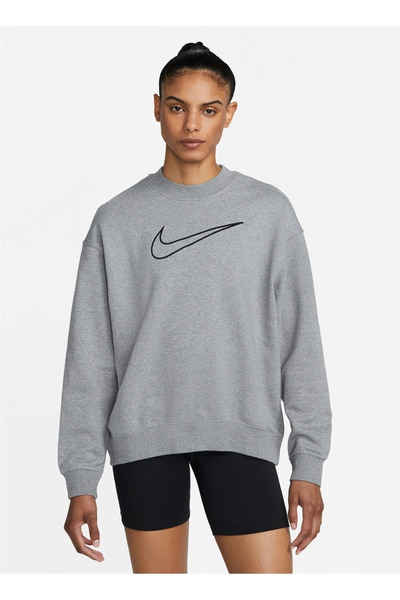 Nike Gri Kadın Bisiklet Yaka Baskılı Sweatshirt DQ5542 091 W NK DF GT FT GX CREW ES