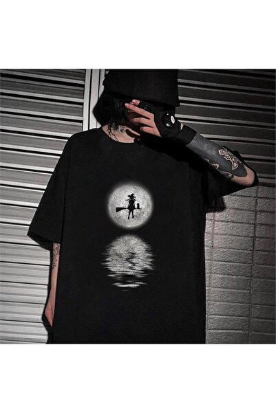 Touz LAGOM MODA Halloween Witch On The Moon Printed Black Unisex Oversize T-shirt