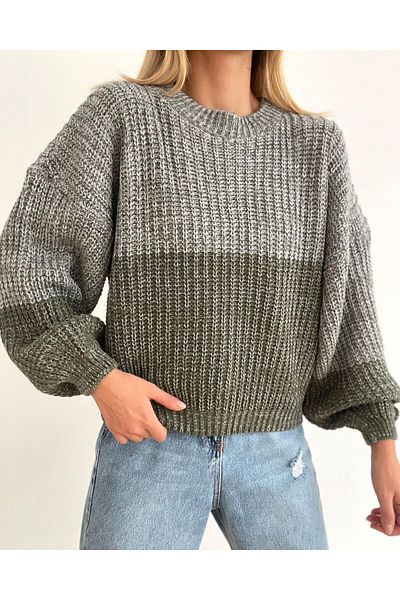 Jose Clothing Pulover de tricotaj crop cu mânecă cu balon, blocat de culoare - decolteu