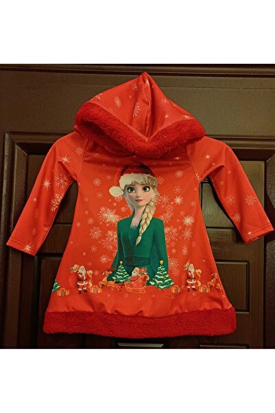 YDBKStore Kız çocuk Yılbaşı Detaylı Elsa Digital Baskılı/Hoodie Peluş Kapüşonlu Sweatshirt Elbise