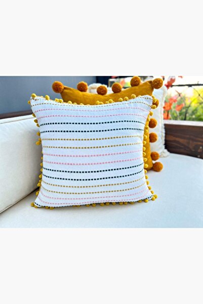 Bc Home Hardal Minik Ponponlu Nakış Detaylı Pamuklu Kare Kırlent Kılıfı 43 x ...