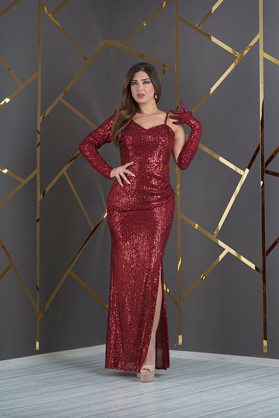 Matik Abiyem Zara Sequin Design Chest Shoulder Cutout Slit Long Dress Evening Dress