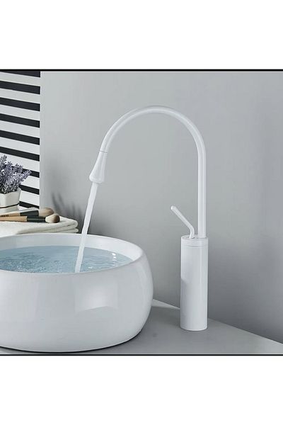 İSAOĞLU YAPI Bowl Sink Faucet Matte White Sink Faucet Drop Design Armature White Faucet