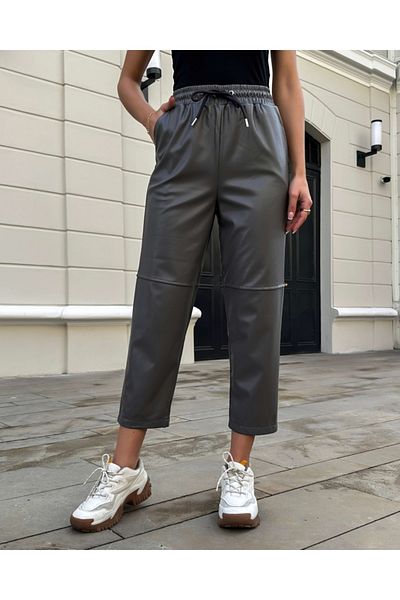 Elif Özbey Butik Gray Stripe Detailed Leather Trousers