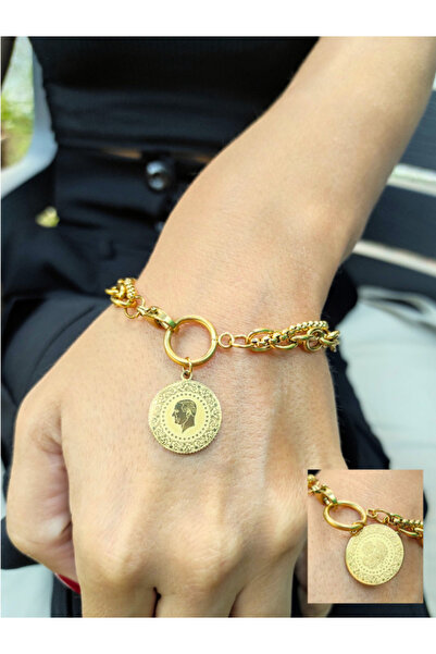 TÜKKAN ACCESSORİES ÇEYREK ALTIN SALLANTILI İKİLİ ZİNCİR ÇELİK BİLEKLİK ALTIN ...