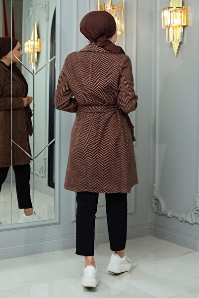 Modamihram Κασμίρ παλτό με κουμπί καφέ MİH19162