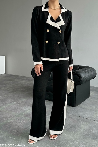 by DeKa shop Set de tricotaje negre Jachetă cu nasturi aurii și pantaloni Pal...