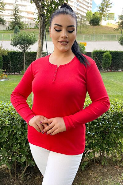 Siyezen Βαμβακερή μπλούζα μεγάλου μεγέθους με λεπτομέρεια κουμπιών, κόκκινη