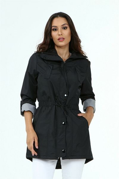 diaves Women's Black Side Gathered Foldable Sleeve Lined Trench Coat