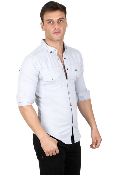 DeepSEA Ανδρικό πουκάμισο με διπλή τσέπη με λεπτομέρεια σε γκρι Lycra Snap 2300419