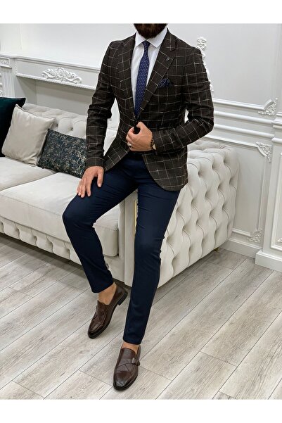 LONATOLİA Erkek Kare Ekoseli İtalyan Kesim Slim Fit Ceket