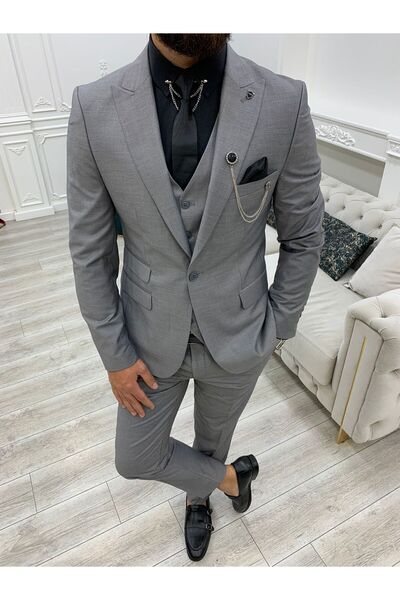 LONATOLİA Erkek Takım Elbise Kırlangıç Yaka İtalyan Kesim Slim Fit Ceket Yelek Pantolon-Gri
