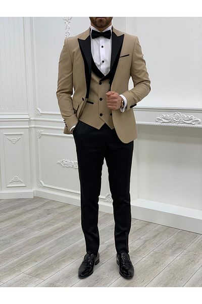 LONATOLİA Men's Tuxedo Groom Suit Swallow Collar Italian Cut Slim Fit Jacket Vest Pants Bow Tie-Cream