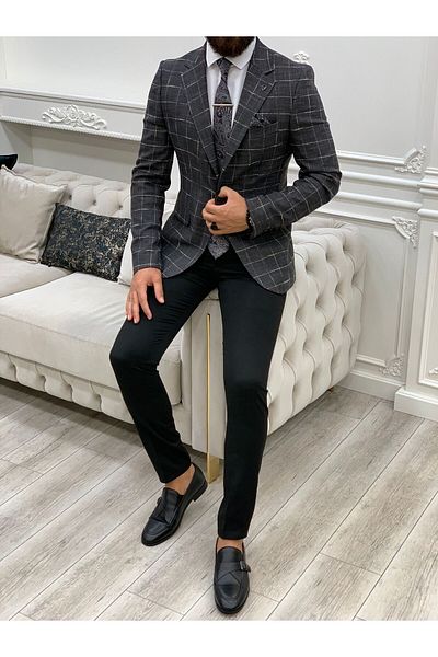 LONATOLİA Men's Square Plaid Italian Cut Slim Fit Jacket