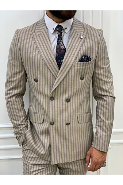 LONATOLİA Erkek Kruvaze Takım Elbise Kırlangıç Yaka İtalyan Kesim Slim Fit Ceket Pantolon