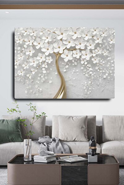 Blok Design Dekoratif Soyut Altın Beyaz Çiçek Sürreal Kanvas Duvar Tablosu