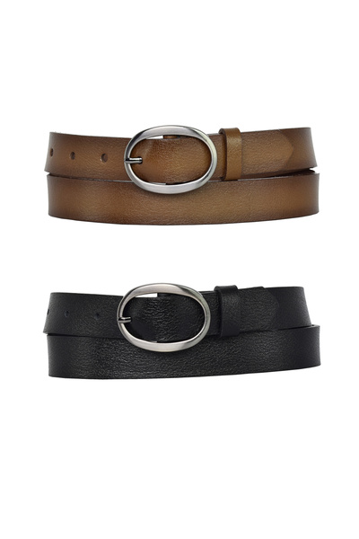 GoDeri %100 Hakiki Deri Mat Oval Tokalı 2'li Set Siyah, Açık Kahverengi Ince Kadın Kemeri, 3 Cm=kdn39nik.ov