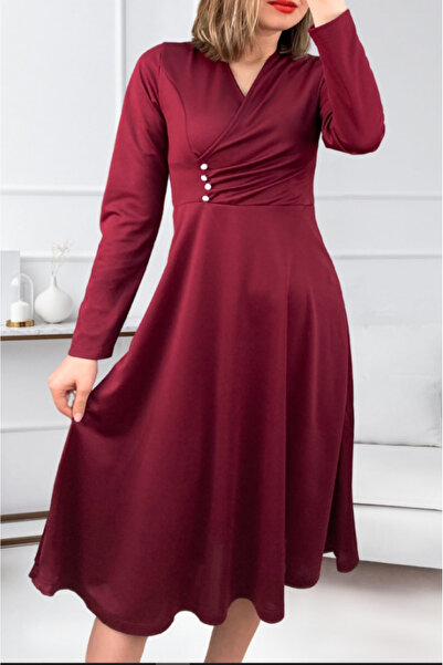 merlavin Kadın Kırmızı , Düğme Detaylı Kruvaze Yaka Elbise