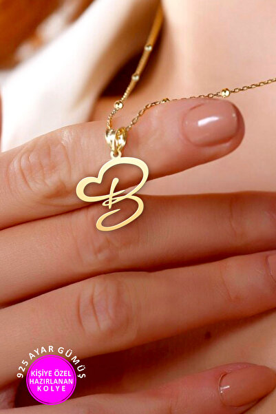 JEMIRA Kadın 925 Ayar Gümüş Kolye Kalpli B Harfli 14 Ayar Altın Renk Kaplama