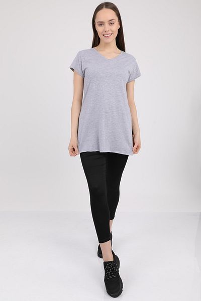 MD trend Women's Gray V-Neck Slit Short Sleeve Cotton T-Shirt Mdt3025