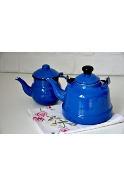 Ebru Metal Emaye Nostaljik Küçük Boy Çaydanlık Takımı Mavi Renk