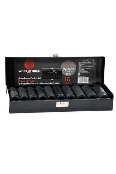 WORLDFORCE TOLLS Worldforce 1/2" Long Impact Socket Set with Metal Box 10-24mm 10 Piece Set