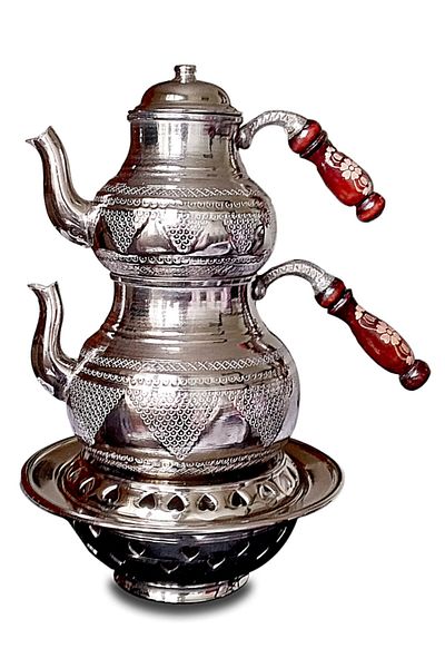 Binbir Trend Gaziantep Handmade Grape Embroidered Copper Teapot Set with Stove