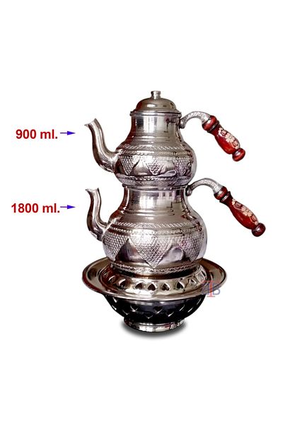 Binbir Trend Gaziantep Handmade Grape Embroidered Copper Teapot Set with Stove