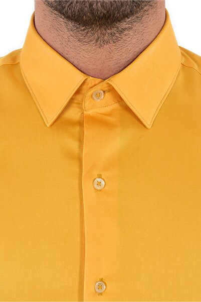 VERSANTE Erkek Sarı Düz Pamuk Saten Slim Fit Gömlek