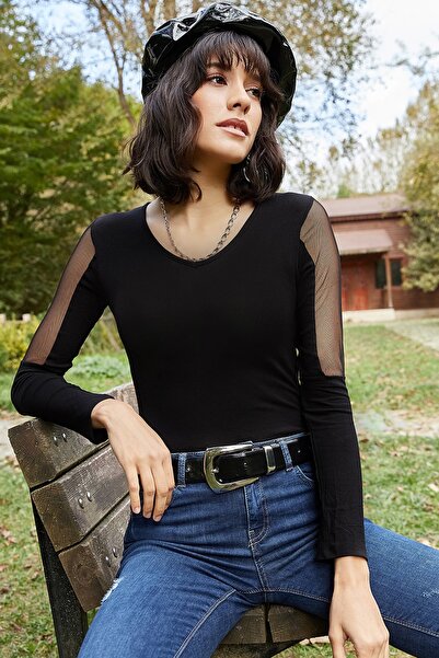 AQE FASHION Bluză de damă cu mâneci negre din tul cu gât rotund