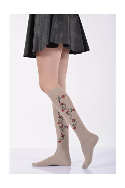 Lateks Çorap Γυναικείες κάλτσες με κόκκινο φλοράλ μέχρι το γόνατο - Μπεζ - B-...