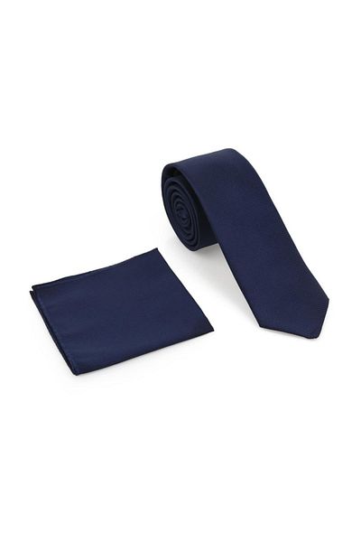 Brianze Navy Blue Oxford Model Slim Tie with Handkerchief - Mkas-5