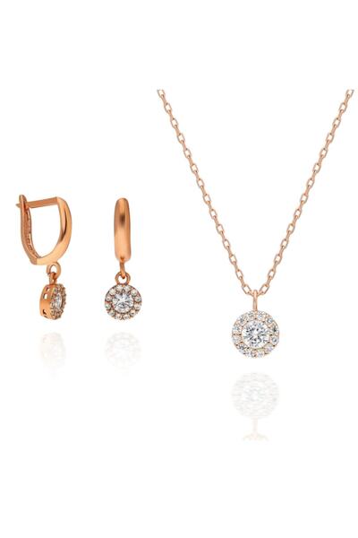 Kadın Pembe Gümüş Tektaş Kolye Küpe Set 2'li 925 Ayar