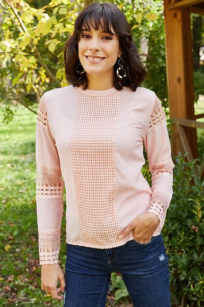 AQE FASHION Γυναικεία εποχιακή μπλούζα με μανίκια σε πούδρα