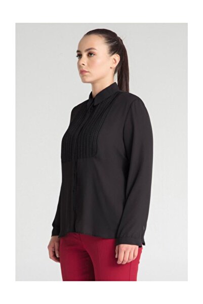 Pera Cămașă neagră cu broderie cu rever pentru femei de mărime mare