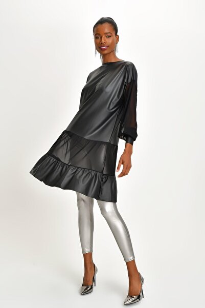 Quincey Γυναικείο μαύρο δερμάτινο φόρεμα τουνίκ