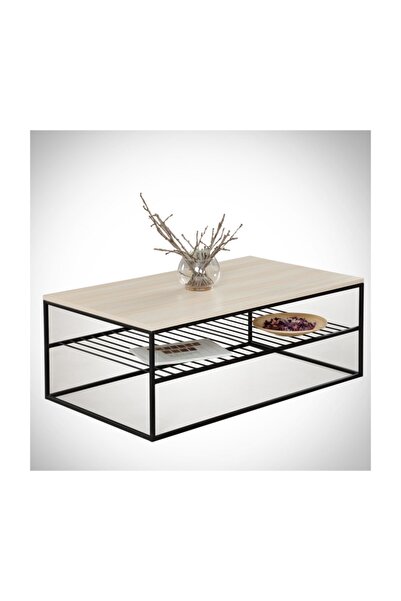 PASİFİC HOME Etna Metal Ayaklı Orta Sehpa, Raflı Dikdörtgen Sehpa, Meşe