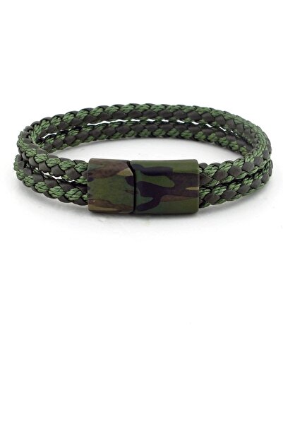 Solfera Askeri Kamuflaj Desen Haki Yeşil Deri Ip Erkek Bileklik Bt647