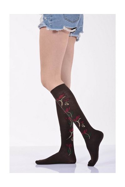 Lateks Çorap Дамски чорапи до коляното с кафяв флорален мотив Idilfashion - B-art013 (Единични)