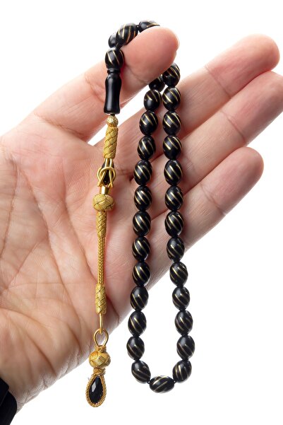 OTTOTESBİH Erkek Hediyelik Gümüş Püsküllü 7.5x10.5mm Yoğun Işlemeli Oltu Tesbih