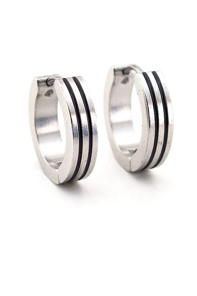 Solfera Men's Earrings E703 - Black Double Striped Stainless Steel Hoop