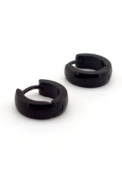 Solfera Men's Slanted Hoop Model 4mm Thickness Black Steel Earrings E697