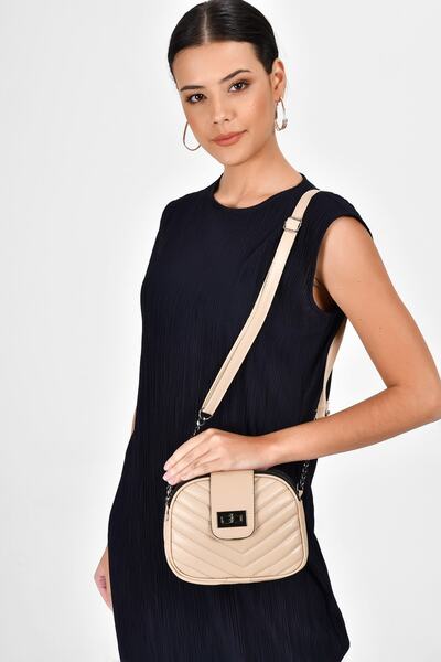 Bagzone Mink Women's V Embroidered Lock Detail Shoulder Bag 10VA2061