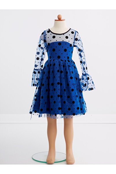 Genel Markalar Kız Çocuk Saks Mavisi Siyah Puantiyeli Tüllü Yarım Kollu Elbise
